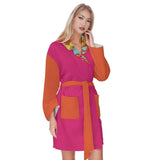 Inela Color Block Lightweight Short Pink & Orange Bathrobe Flower Power Retro Vibrant Robe Travel Pockets Self Tie Belted Women's