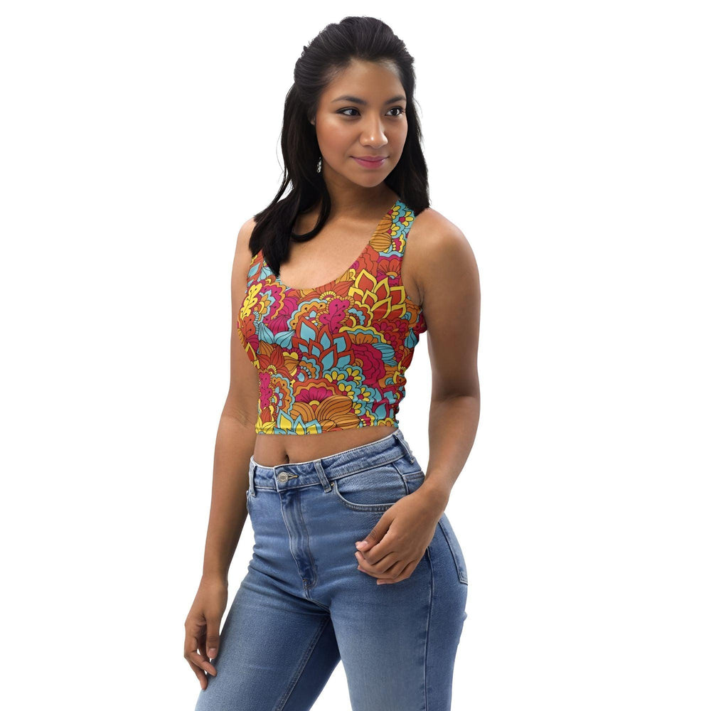 Inela Sleeveless Crop Top - Flower Power Paisley Floral Psychedelic Retro Red Pink Yellow Tank Bold Vibrant