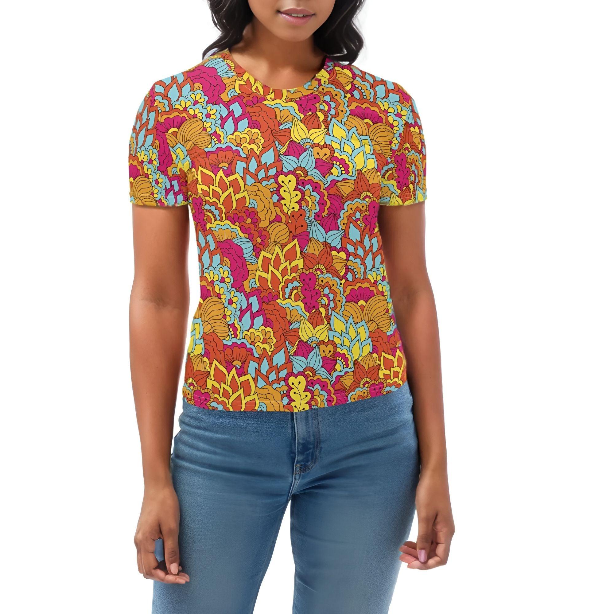 Inela Women's Crew Neck T-shirt - Retro Flower Power Floral  Red Yellow Pink Psychedelic Bold All Over Print