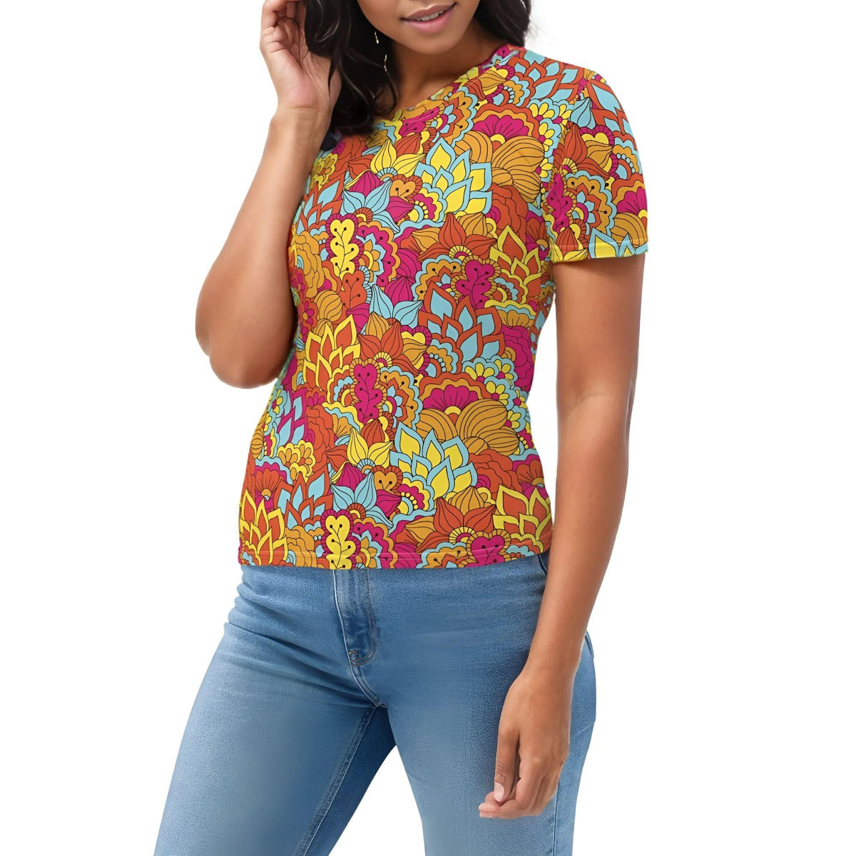 Inela Women's Crew Neck T-shirt - Retro Flower Power Floral  Red Yellow Pink Psychedelic Bold All Over Print