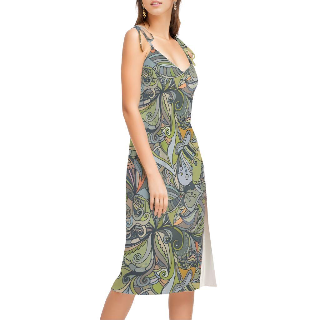 Jana Tie Strap Split Chiffon Midi Dress - Wild Paisley Print V-neck All over Split Leg Psychedelic Retro Green Yellow Brown Abstract Swirls Floral