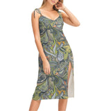 Jana Tie Strap Split Chiffon Midi Dress - Wild Paisley Print V-neck All over Split Leg Psychedelic Retro Green Yellow Brown Abstract Swirls Floral