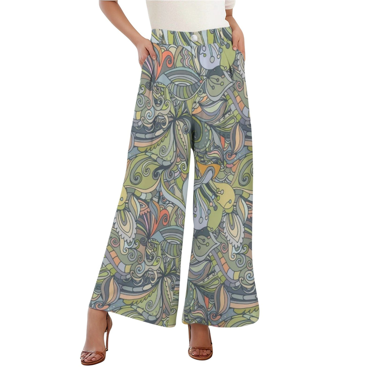 Jana High-waisted wide-leg pants with a soft, retro floral design in earthy tones. The pants are made from a flowy fabric and have a flattering silhouette. Psychedelic Retro Vibes Blissfully Brand