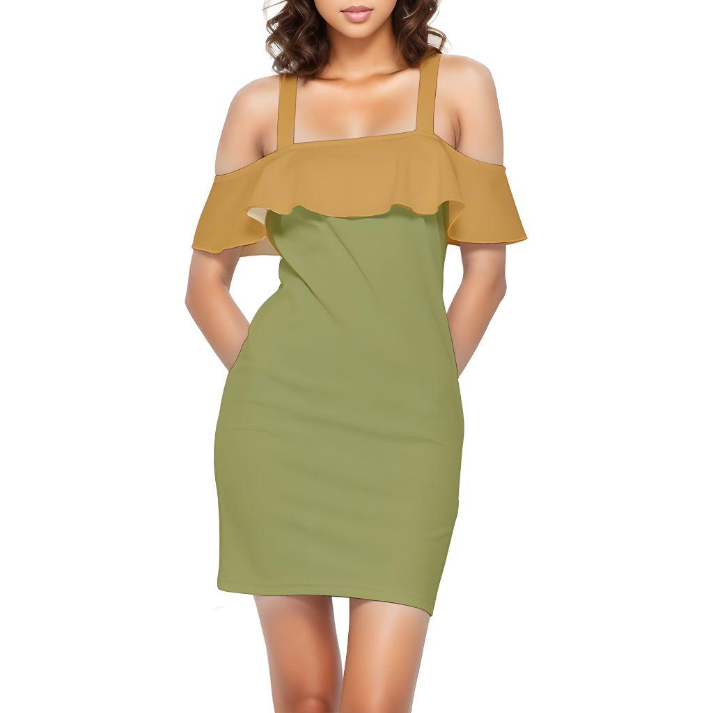 Jana Green Yellow Reversible Strap Off Shoulder Frill Bodycon Dress Halter Ruffled Top Fitted Mini Two Tone Color Block Summer Bold Vibrant  Open Shoulder