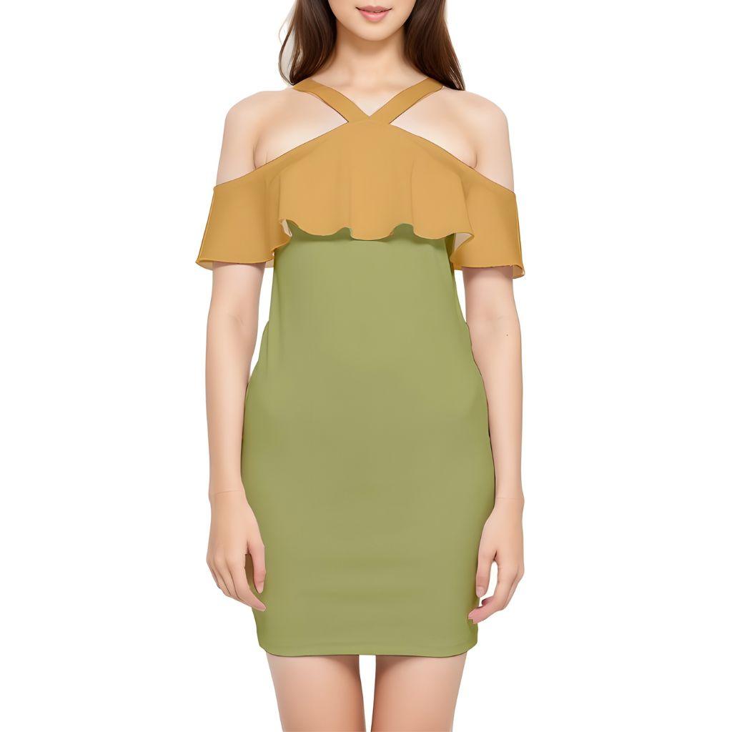 Jana Green Yellow Reversible Strap Off Shoulder Frill Bodycon Dress Halter Ruffled Top Fitted Mini Two Tone Color Block Summer Bold Vibrant  Open Shoulder