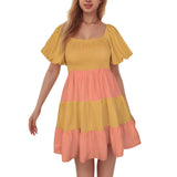 Two-Tone Flare Sleeve Square Neck Off-Shoulder Dress Tiered Summer Mini Swing A-line Yellow Orange - Blissfully Brand