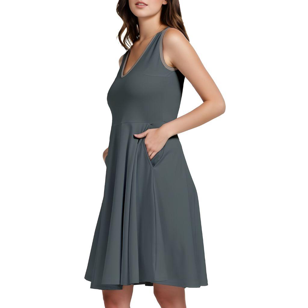 Jana Dark Green Sleeveless V-neck Skater Pocket Dress Pleated Coordinate Solid Knee Length Midi Cocktail Pockets