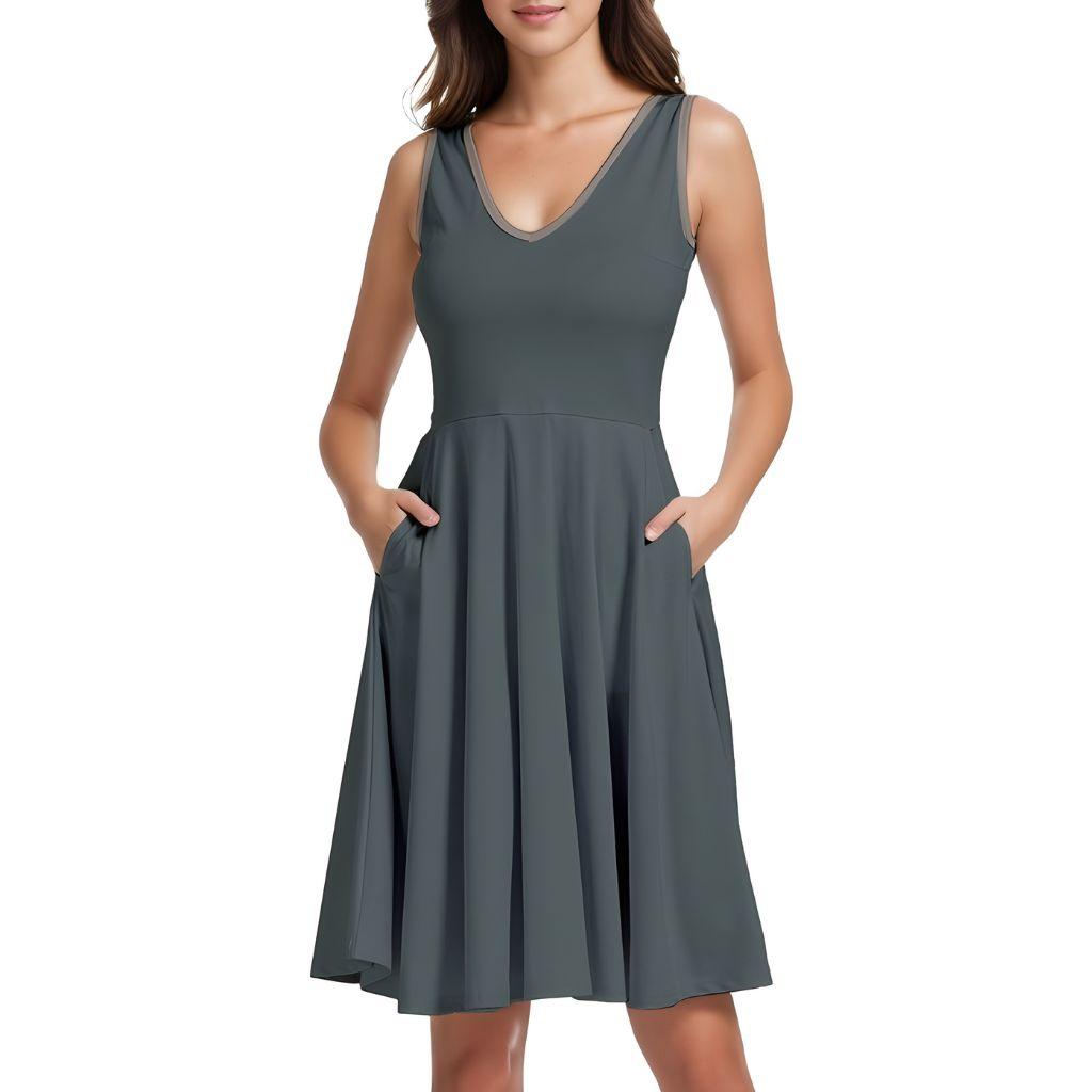 Jana Dark Green Sleeveless V-neck Skater Pocket Dress Pleated Coordinate Solid Knee Length Midi Cocktail Pockets