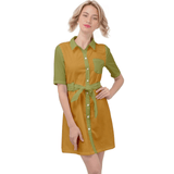 Women's short sleeve button-down dress in yellow and green with tie belt - A-line silhouette, casual chic style Retro Bold