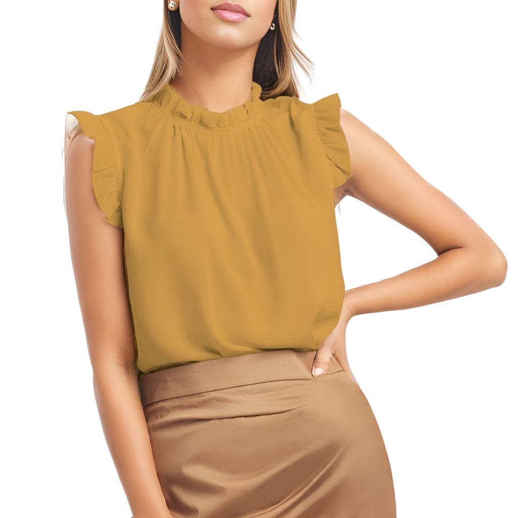 Jana Deep Yellow Ruffle Cap Sleeve & Collar Top Blouse Chiffon Sleeveless Mandarin Solid Coordinate Summer Spring Casual Women's