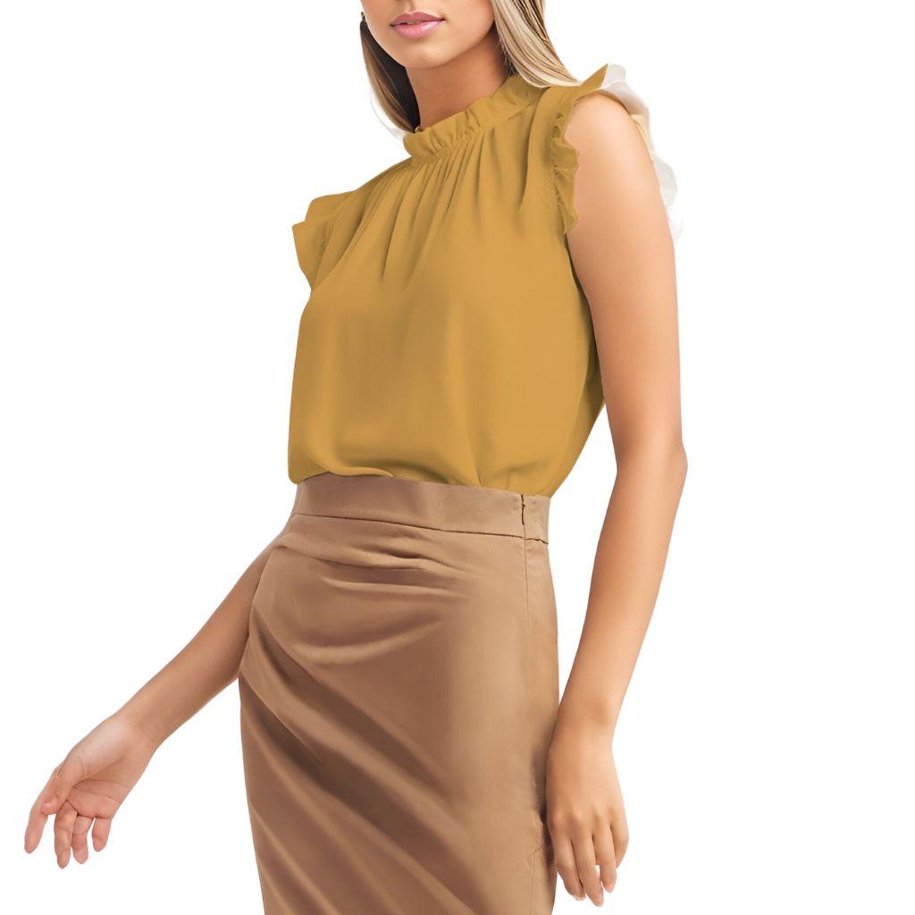 Jana Deep Yellow Ruffle Cap Sleeve & Collar Top Blouse Chiffon Sleeveless Mandarin Solid Coordinate Summer Spring Casual Women's