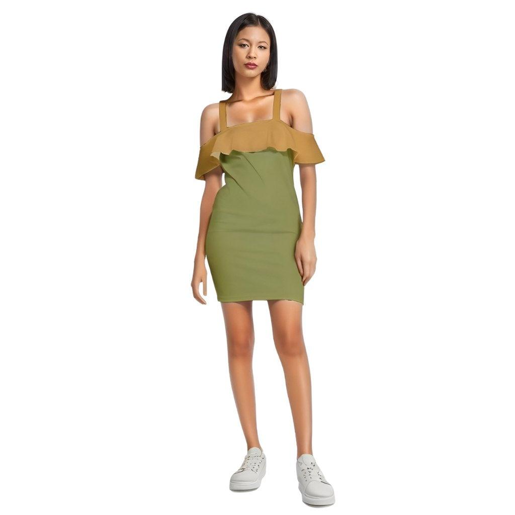 Jana Green Yellow Reversible Strap Off Shoulder Frill Bodycon Dress Halter Ruffled Top Fitted Mini Two Tone Color Block Summer Bold Vibrant Open Shoulder