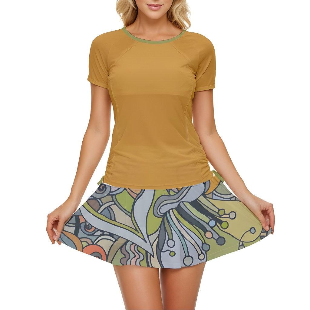 Jana Active Top Tee & Skort Set - Yellow & Psychedelic Paisley Print Pleated Skirt Retro Coordinate Wild Yoga Plus Size Activewear Tennis 