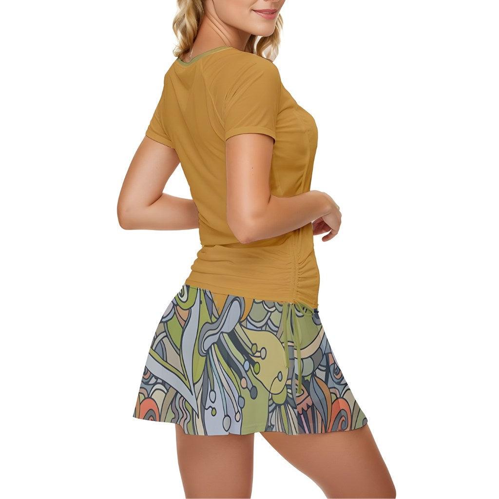 Jana Active Top Tee & Skort Set - Yellow & Psychedelic Paisley Print Pleated Skirt Retro Coordinate Wild Yoga Plus Size Activewear Tennis