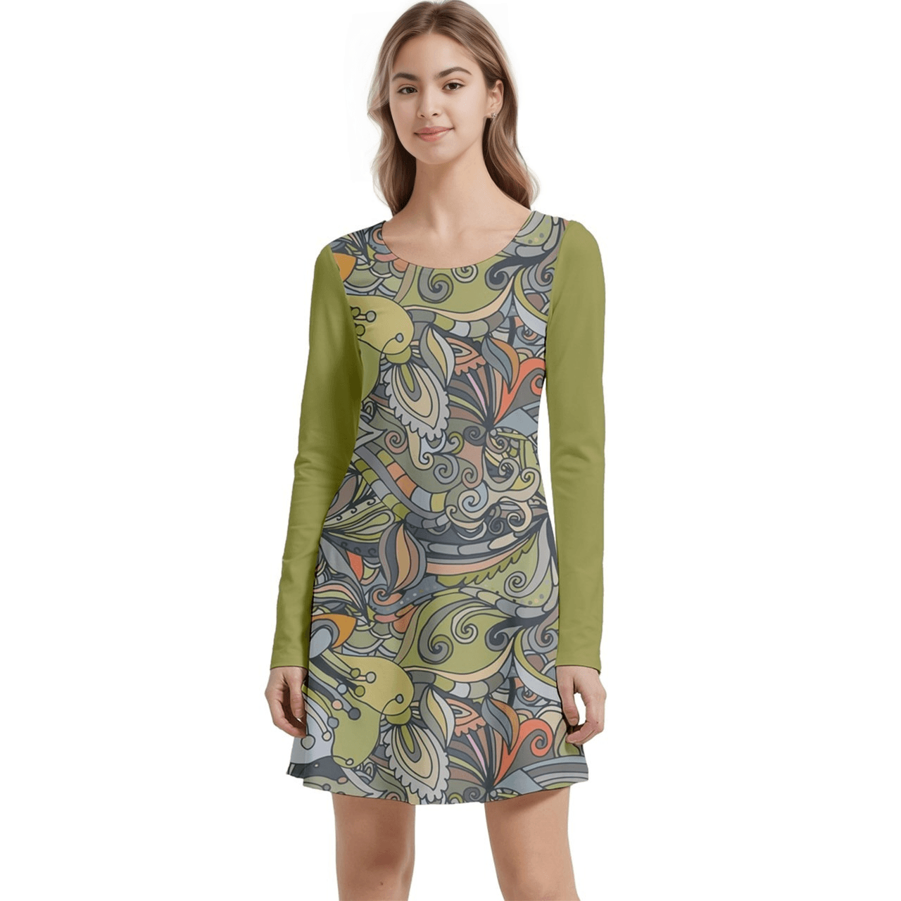 stylish long-sleeve velour dress with vibrant abstract designs intricate patterns in shades of green, orange, and grey, with solid green sleeves, perfect for a chic, artistic look