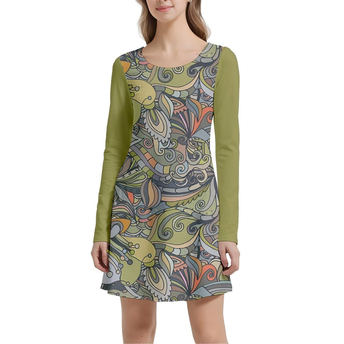 stylish long-sleeve velour dress with vibrant abstract designs intricate patterns in shades of green, orange, and grey, with solid green sleeves, perfect for a chic, artistic look