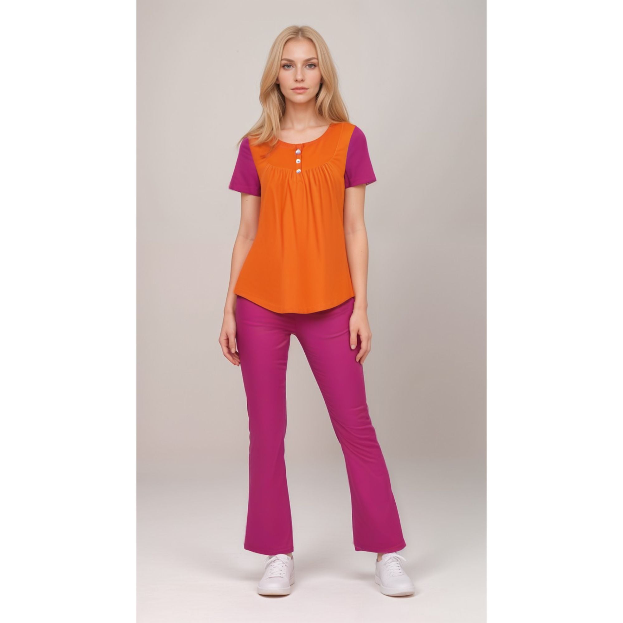 Juhla Color Block Scoop Neck Tunic Top with Button Detail