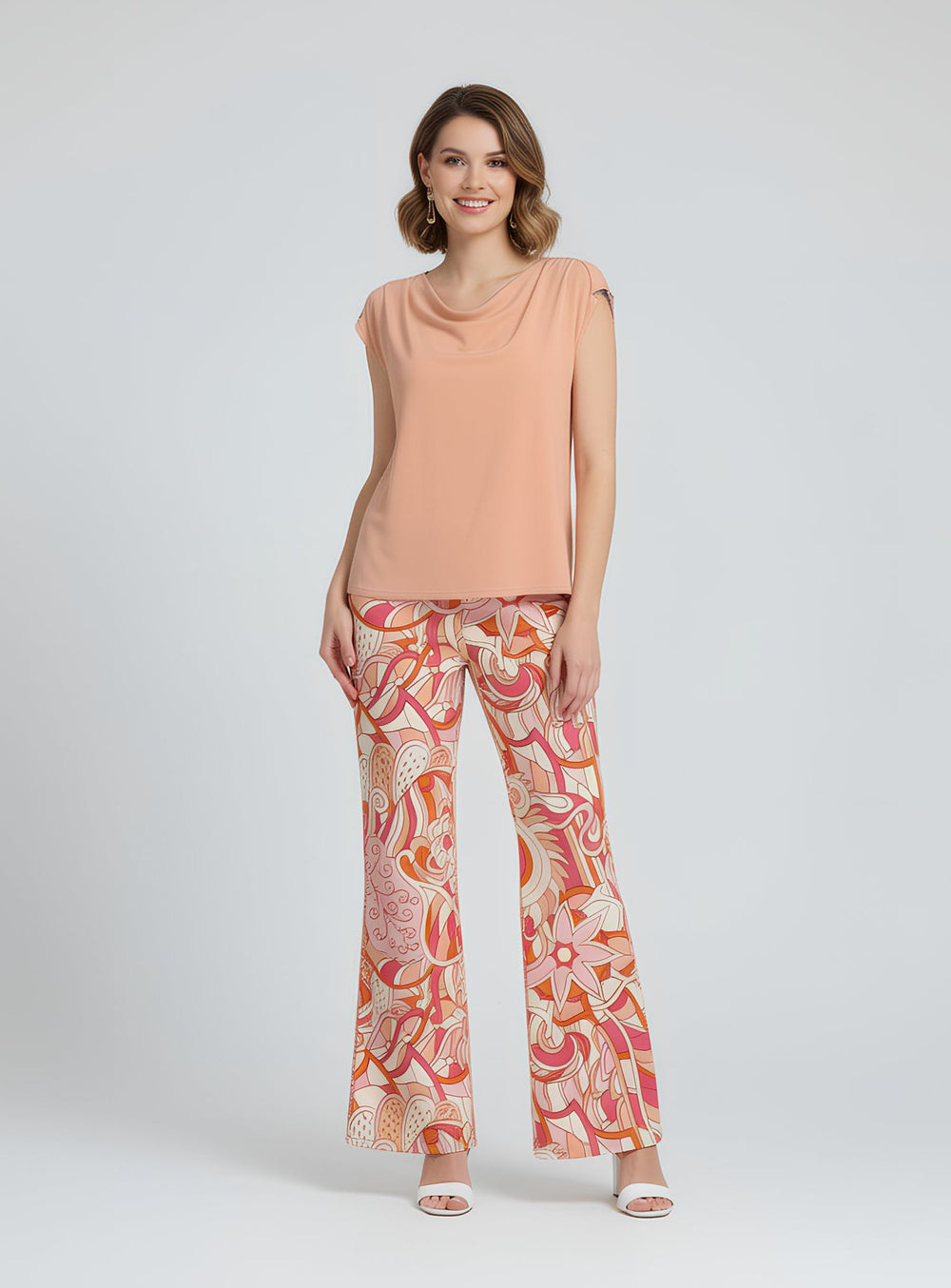 Keki print palazzo pants wide leg coral orange pink cream retro print – high-rise wrinkle-free ITY knit trousers Montreal made travel pants - Profonde by Blissfully Brand