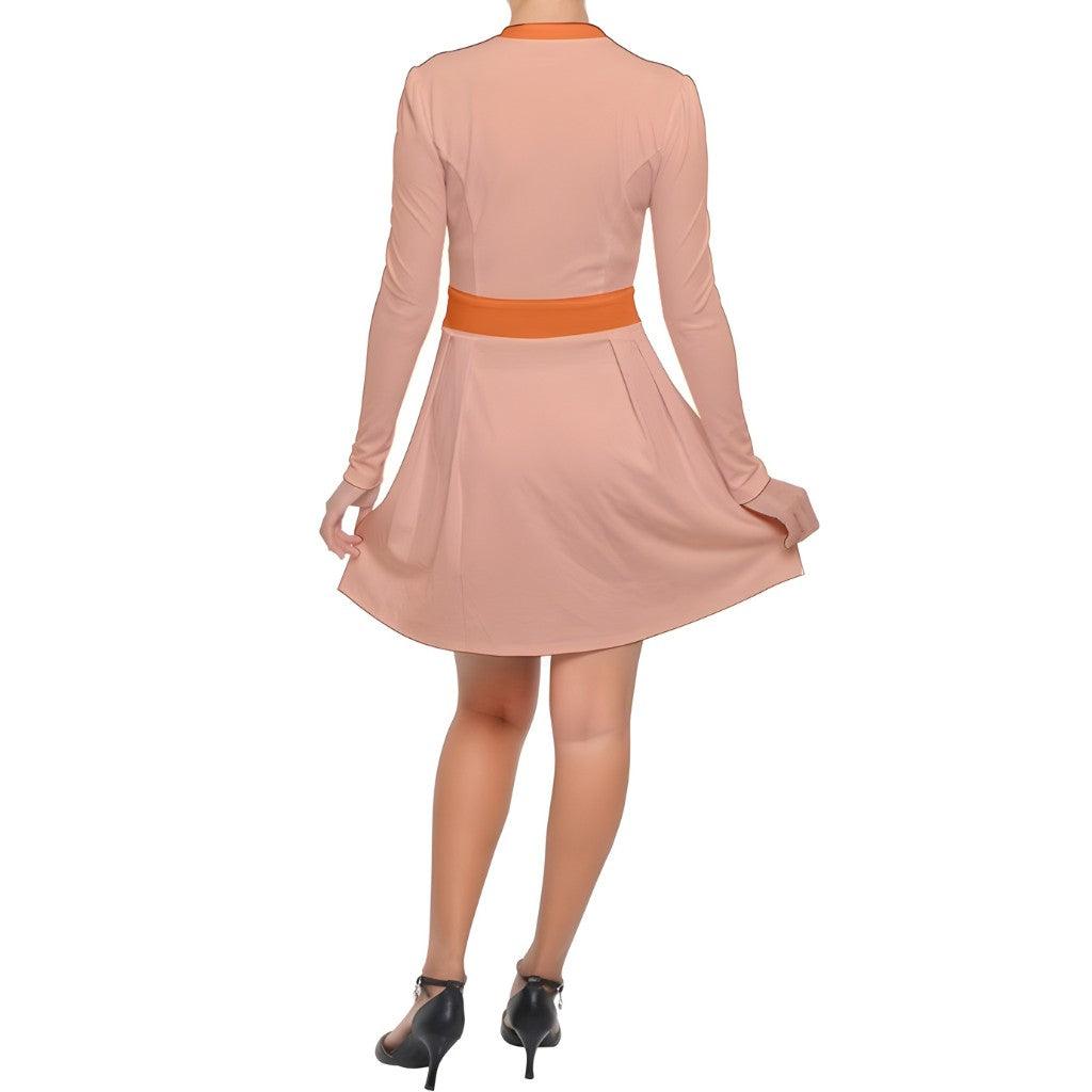 Keki Mandarin Collar Orange Color Block Long Sleeve Flare Dress