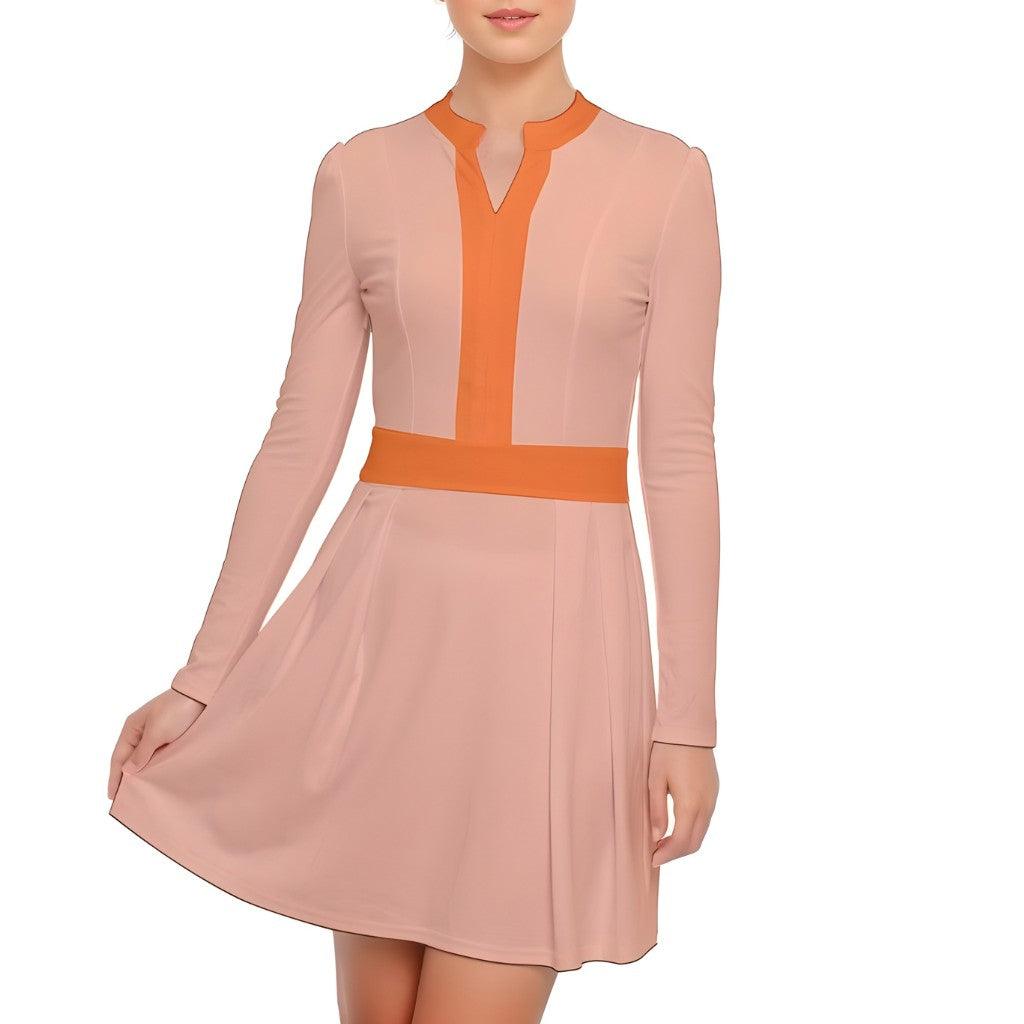 Keki Mandarin Collar Orange Color Block Long Sleeve Flare Dress