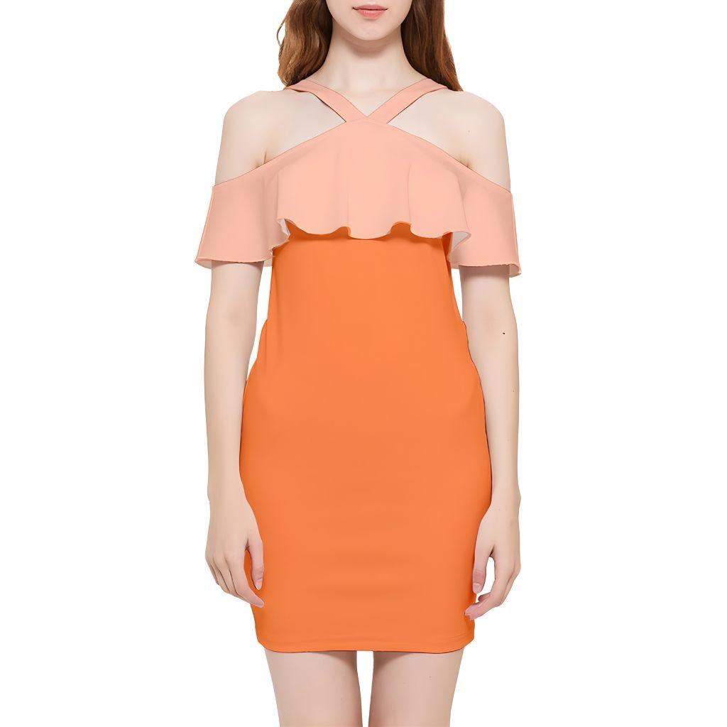 Keki Orange  Reversible Strap Off Shoulder Ruffle Bodycon Mini Dress Contrast Color Block Fitted Halter Open Shoulder Summer Bold Vibrant Plus Size