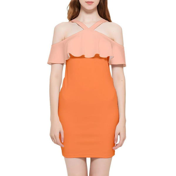 Keki Orange Reversible Strap Off Shoulder Ruffle Bodycon Dress