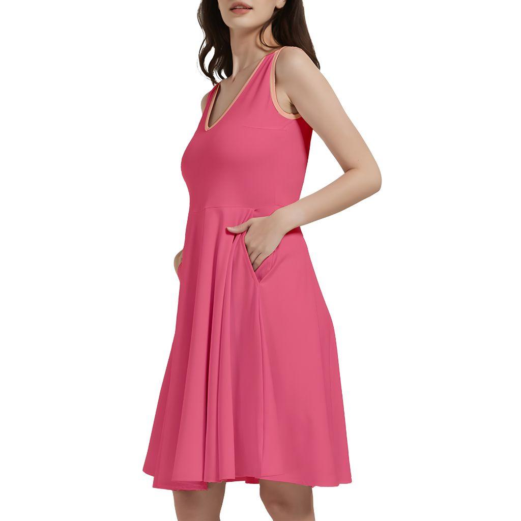 Keki Pink Sleeveless V-neck Skater Pocket Dress Knee length midi cocktail pleated coordinate pockets
