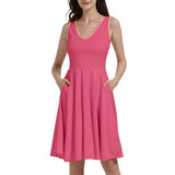 Keki Pink Sleeveless V-neck Skater Pocket Dress Knee length midi cocktail pleated coordinate pockets