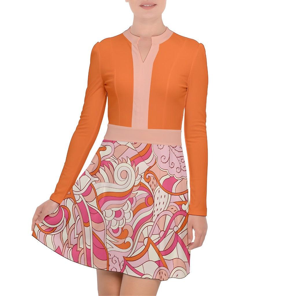Keki Mandarin Collar Long Sleeve Fit & Flare Dress - Orange Paisley Color Block Print Pattern Keyhole Retro Vibrant Bold Panel Skater Two Tone Plus Size