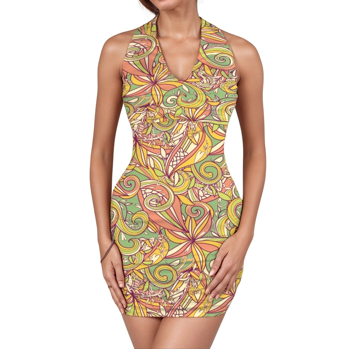 Vibrant Kohi halter-neck mini pleated bodycon dress with intricate floral and swirl patterns in green, yellow, and terracotta hues - Blissfully Brand