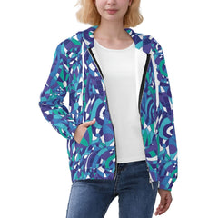 Boho Chic blue, teal, and purple zip-up hoodie with a bold retro Kume abstract print. The unisex hoodie features a comfortable fit and kangaroo pockets. Geometric Vibrant - Blissfully Brand