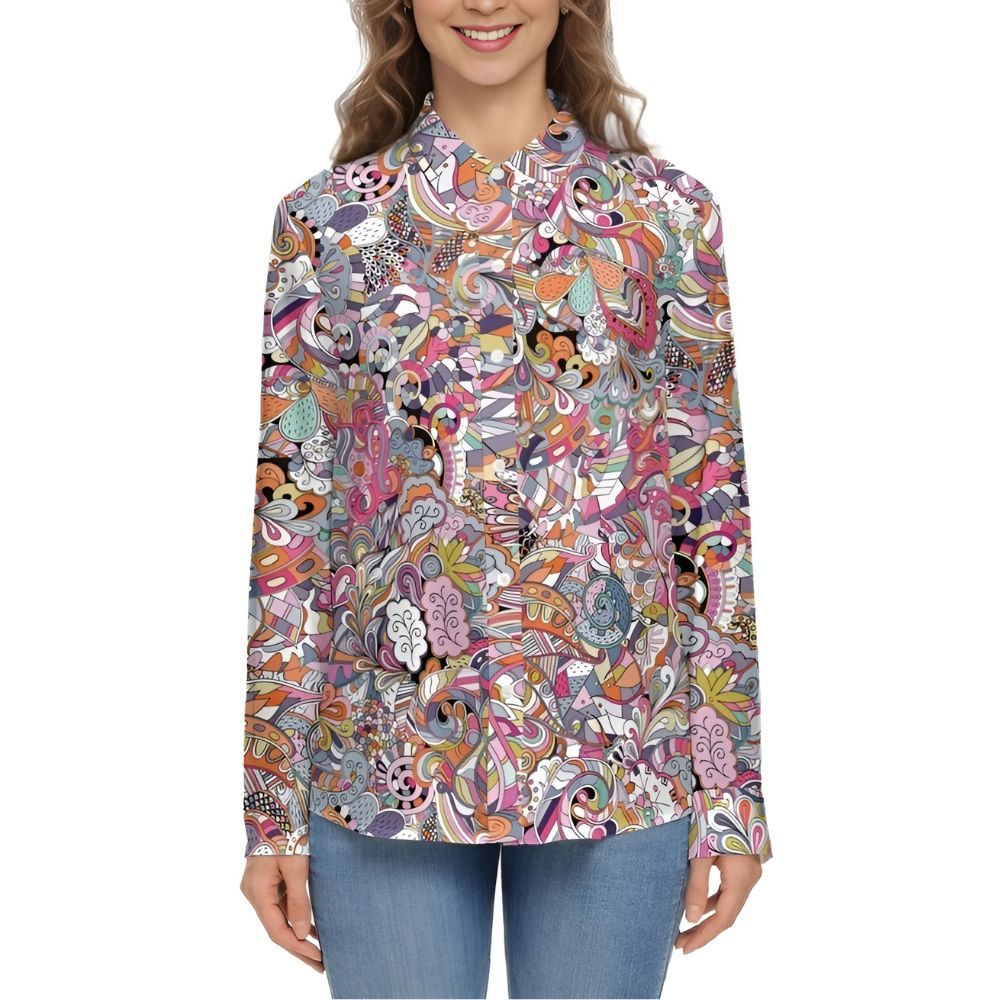 Kyuka Long Sleeve Button-Up Shirt Geometric Pop Art Psychedelic Print Multicolor Chic long sleeve blouse Collar Bold Vibrant Retro Abstract Swirly Print Blissfully Brand