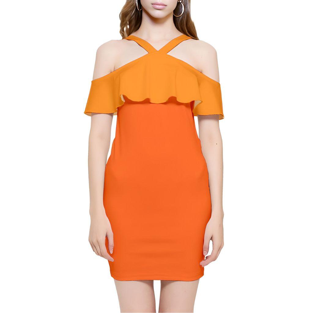 Mandra Orange Reversible Strap Off Shoulder Frill Bodycon Dress Two Tone Contrast Bare Shoulder Mini Ruffle Top Color Block Bold Vibrant Multicolor Bright 