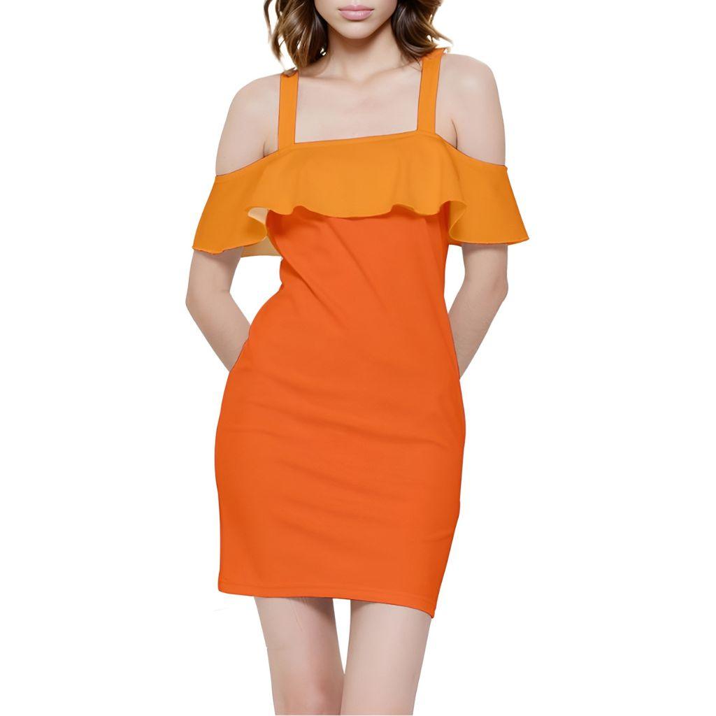 Mandra Orange Reversible Strap Off Shoulder Frill Bodycon Dress Two Tone Contrast Bare Shoulder Mini Ruffle Top Color Block Bold Vibrant Multicolor Brig