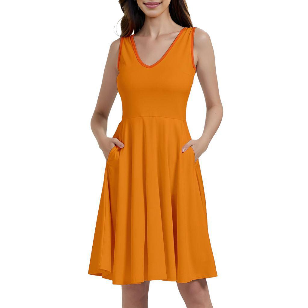 Mandra Orange Sleeveless V-neck Skater Pocket Dress Cocktail Knee Length Lightweight Pleated Summer Sun Dress Plus Size Solid 