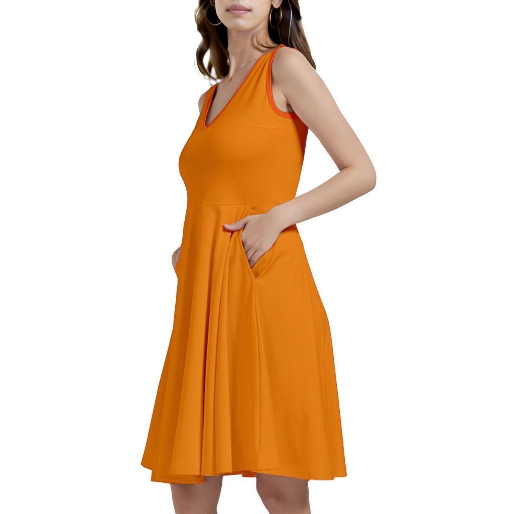 Mandra Orange Sleeveless V-neck Skater Pocket Dress Cocktail Knee Length Lightweight Pleated Summer Sun Dress Plus Size Solid 