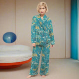 Luxurious women's teal and yellow patterned 2-piece robe set with abstract coral floral design, perfect for lounging in retro style. Blissfully Brand