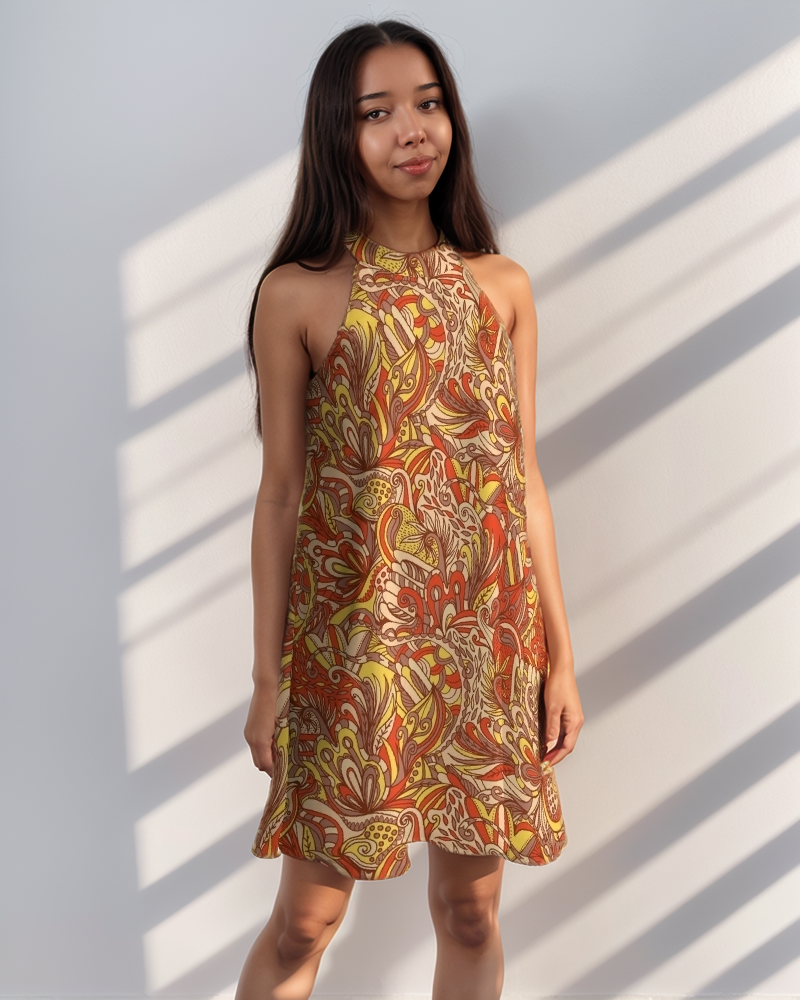 Retro sleeveless dress with a vibrant psychedelic pattern in bold shades of yellow, orange, and brown. The dress has a halter neckline and an A-line silhouette. Blissfully Brand