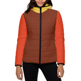 brown, orange, and yellow color block puffer jacket with black zipper,  autumn outerwear Blissfully Brand