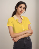 bright yellow short-sleeved button-up shirt with contrast cream collar women's blissfully brand