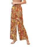 wide-legged pants with a vibrant orange, yellow, and brown floral print and belt tie retro Blissfully Brand