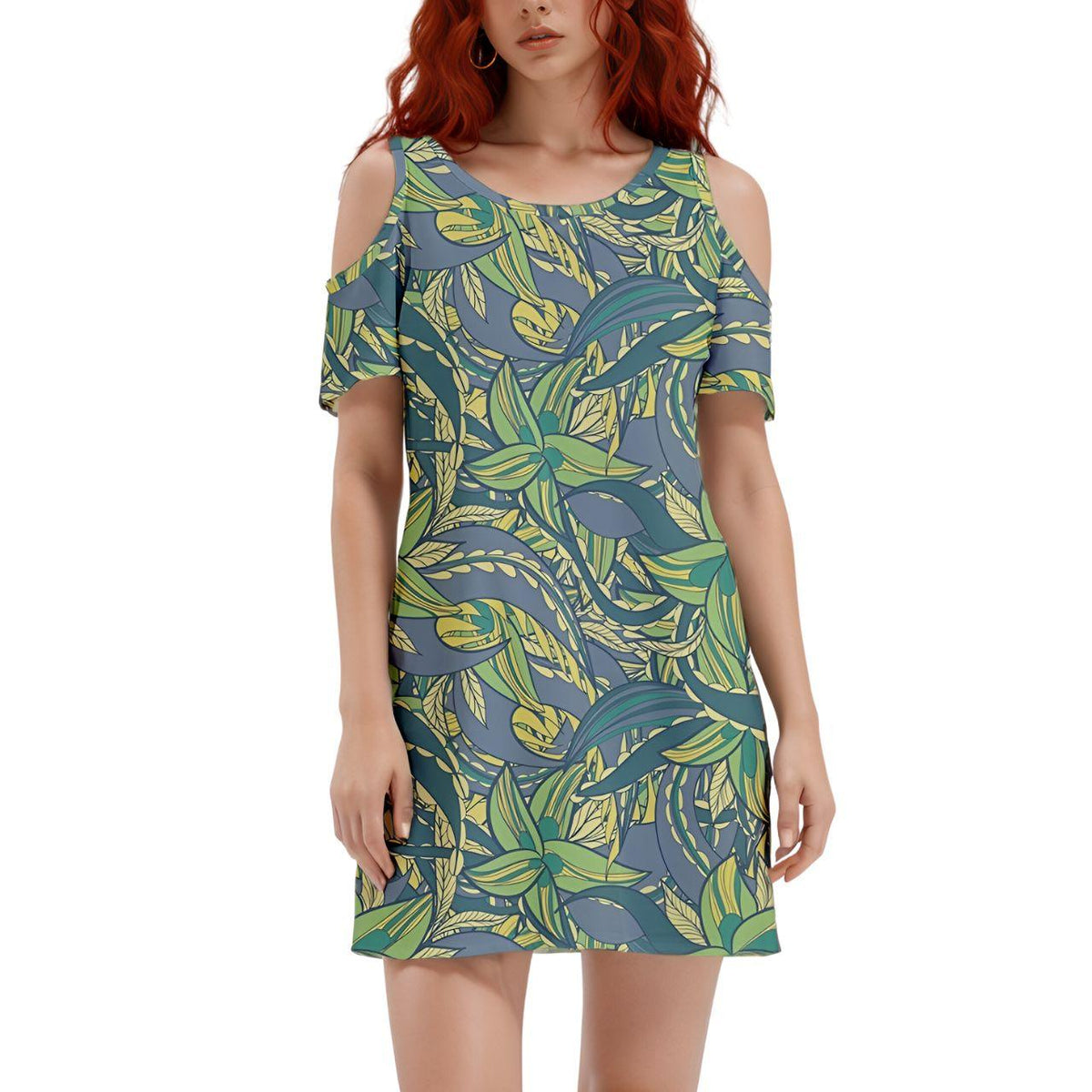 Stylish tropical floral print cold-shoulder dress with green and grey leaf pattern, perfect for summer fashion