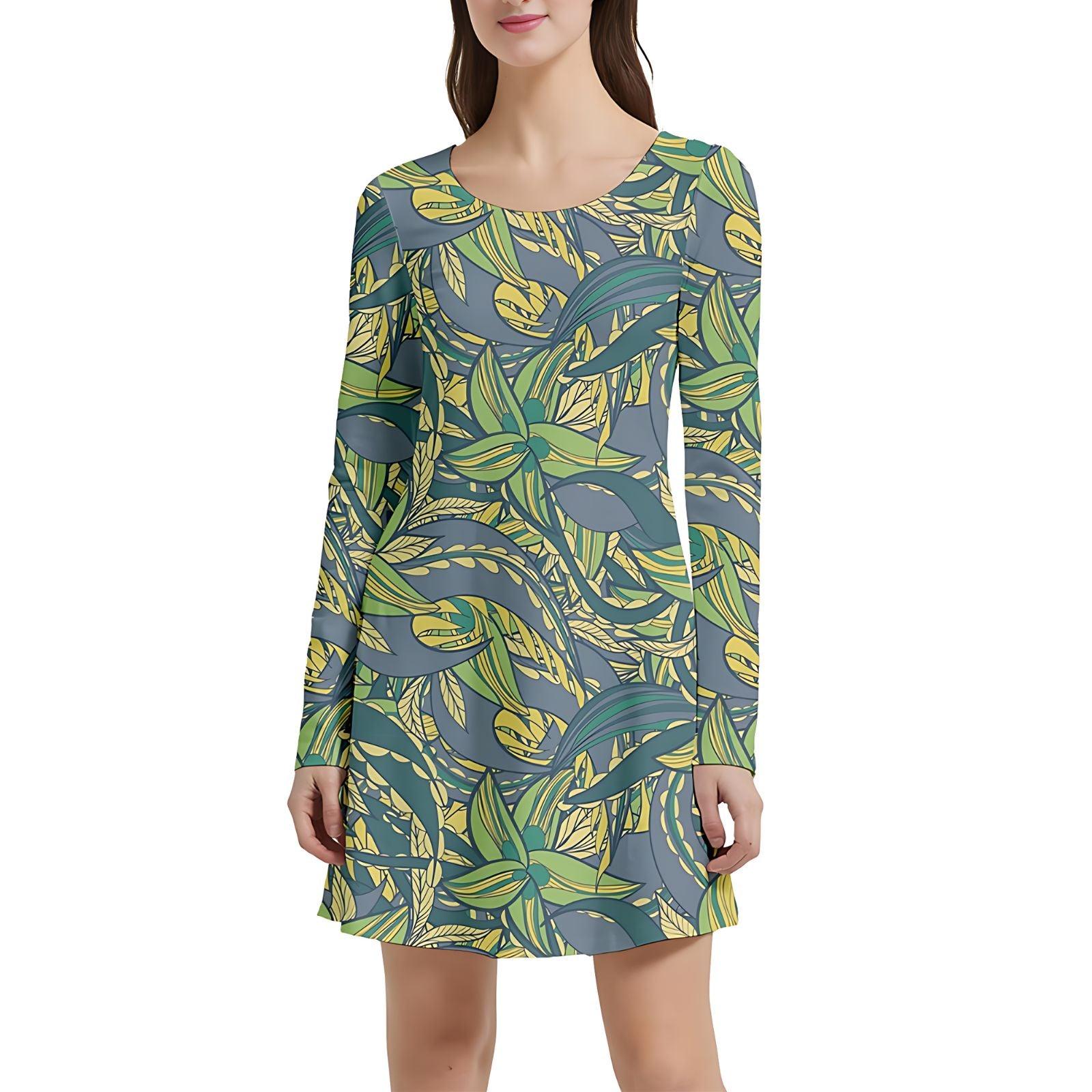 Velour long-sleeve leaf-patterned dress with green and blue hues against grey background – luxury and nature-inspired fashion