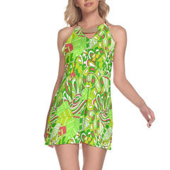 Midori Print Halter Neck Mini Dress in Vibrant Green and Pink Red Paisley Pattern - With Crew Neck Metal Ring - Retro Bold Summer Dress  - Blissfully Brand