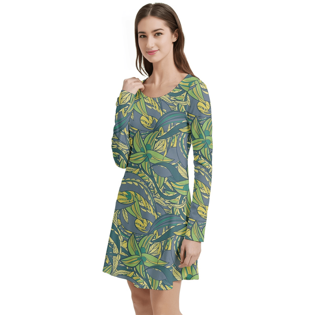 Green and yellow floral print velour dress with long sleeves and A-line silhouette, women's fashion, casual dress, stylish outfit, comfortable clothing