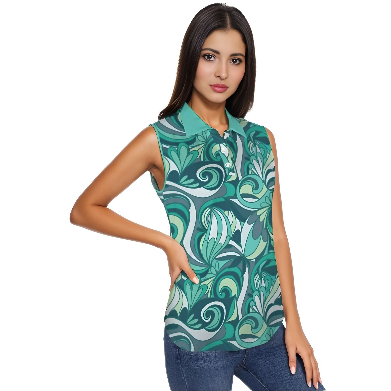 Mima sleeveless polo top women's activewear bold vibrant green swirly floral retro chic summer Blissfully Brand