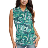 Mima sleeveless top with green and teal swirl patterns, featuring a zipper neckline. Blissfully Brand