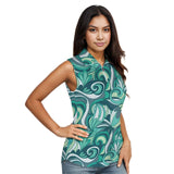 Mima sleeveless top with green and teal swirl patterns, featuring a zipper neckline. Retro Psychedelic Blissfully Brand