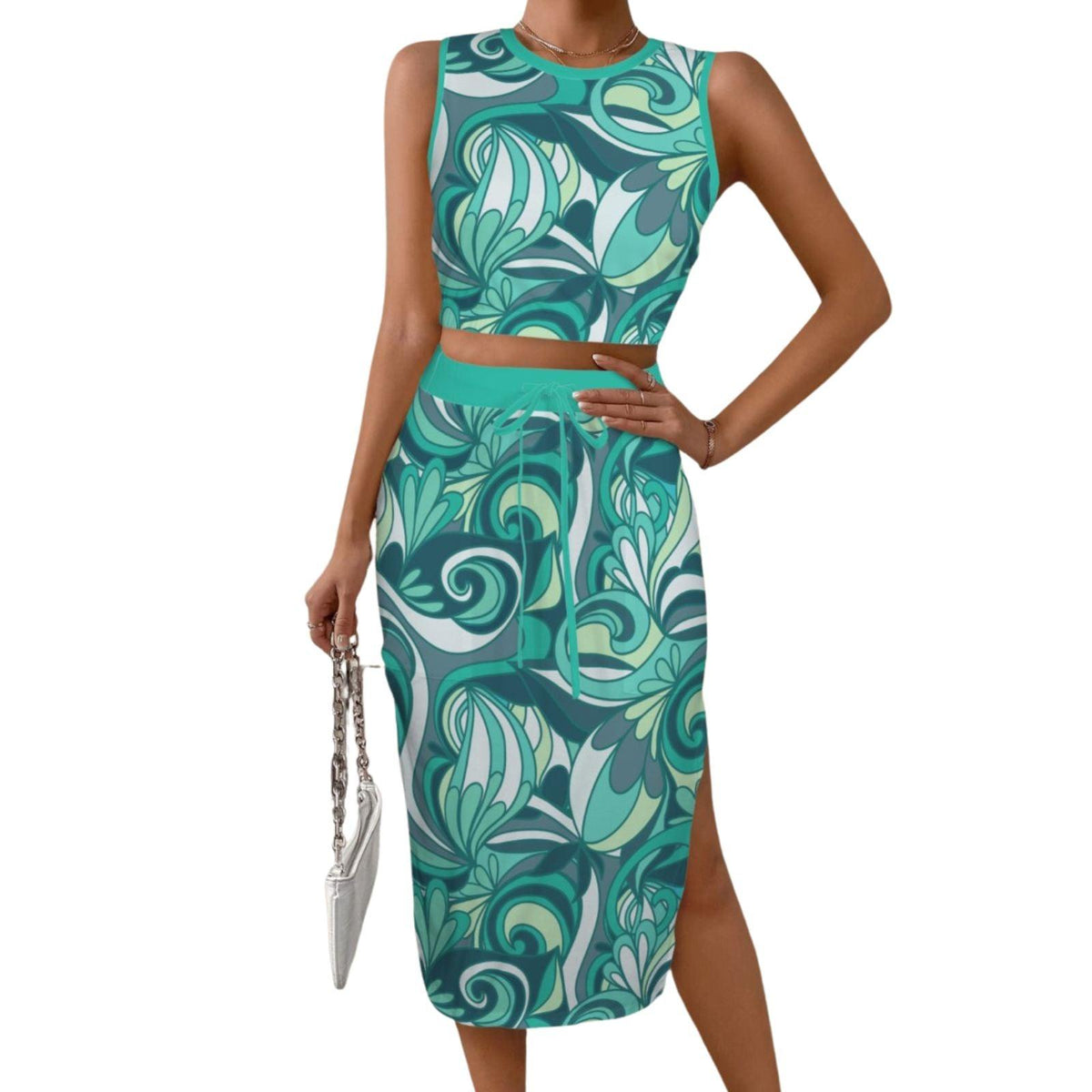 Trendy teal abstract floral two-piece set: Sleeveless crop top and high-waist midi skirt with side slit, perfect for summer parties and beach vacations