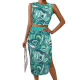 Trendy teal abstract floral two-piece set: Sleeveless crop top and high-waist midi skirt with side slit, perfect for summer parties and beach vacations